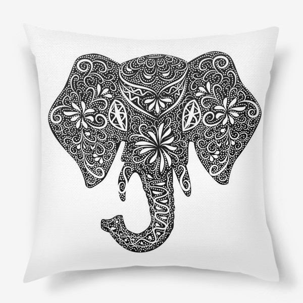 Подушка «Силуэт слона с индийским узором, черно-белый »