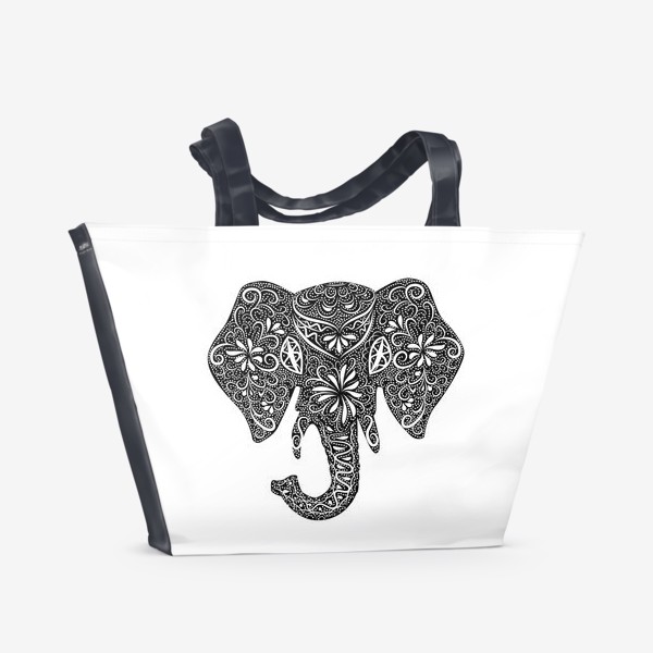 Пляжная сумка «Силуэт слона с индийским узором, черно-белый »