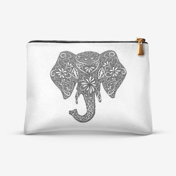 Косметичка «Силуэт слона с индийским узором, черно-белый »