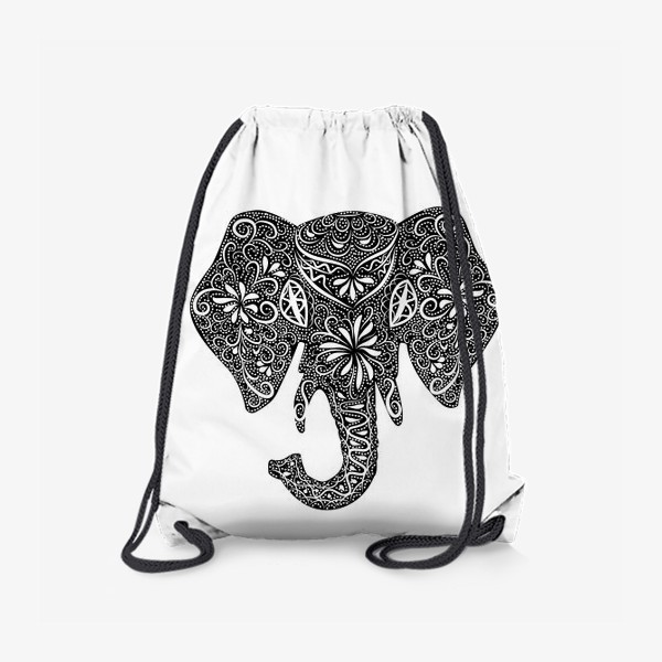 Рюкзак «Силуэт слона с индийским узором, черно-белый »