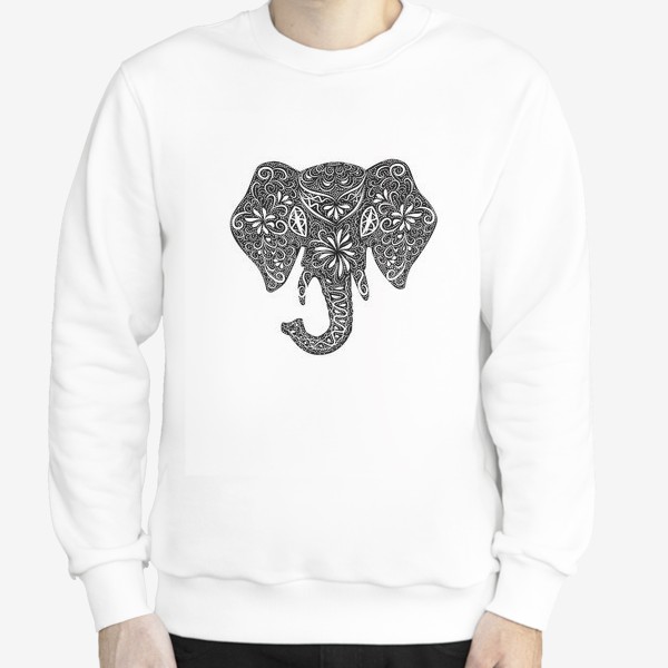 Свитшот «Силуэт слона с индийским узором, черно-белый »