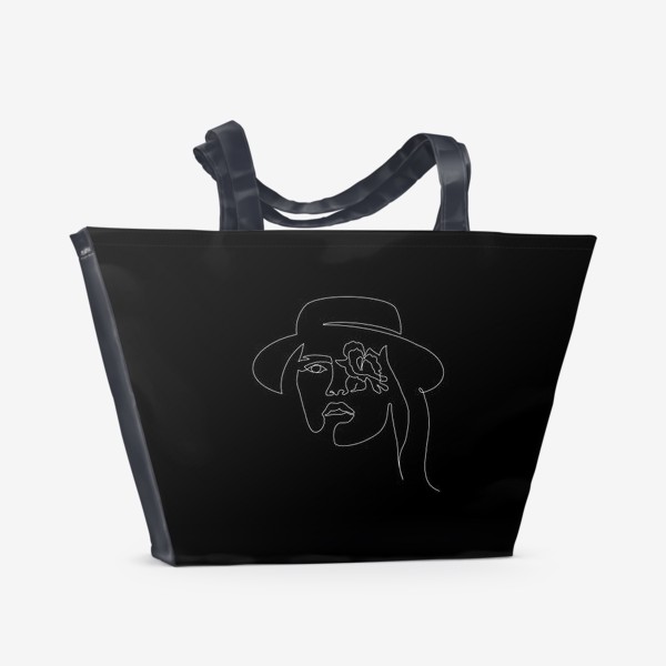 Пляжная сумка «Портрет девушки с цветком на черном. One line art»
