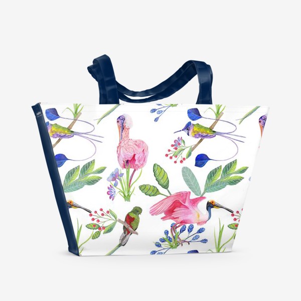 Пляжная сумка «Акварельный паттерн фламинго Райские птички.»