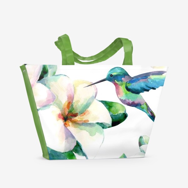 Пляжная сумка «Акварельные тропические цветы и колибри»