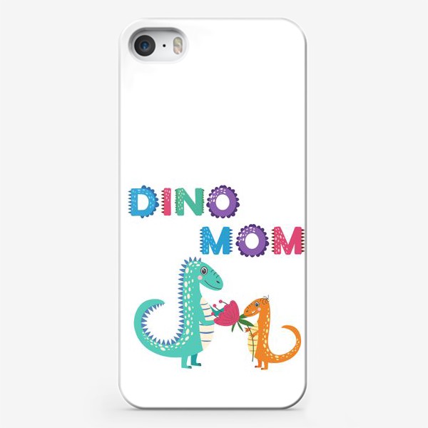 Чехол iPhone «Динозаврик вручает цветы маме. Цветная надпись "Мама динозавра"»