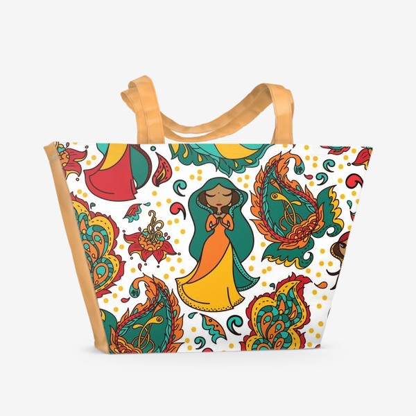 Пляжная сумка «Паттерн с индийскими девушками в сари, вайшнави и индийские узоры»