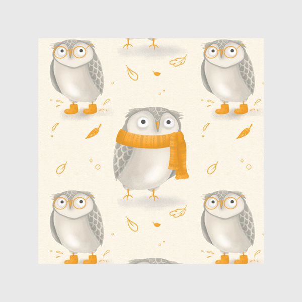 Скатерть «Совы, совушки, птицы. Осенний принт. Осень. Подарок для любителей сов. Детская иллюстрация. Теплый оранжевый шарф»