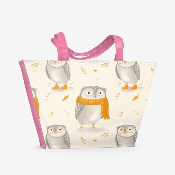 Пляжная сумка «Совы, совушки, птицы. Осенний принт. Осень. Подарок для любителей сов. Детская иллюстрация. Теплый оранжевый шарф»
