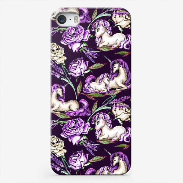Чехол iPhone «Единороги среди роз и лаванды - темный дизайн»