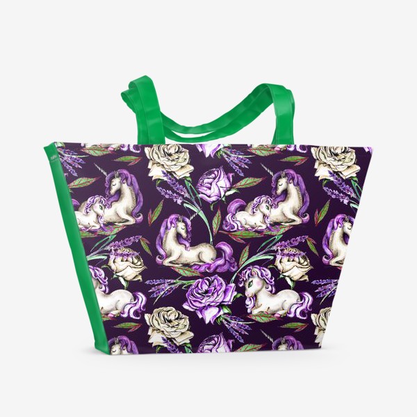 Пляжная сумка «Единороги среди роз и лаванды - темный дизайн»