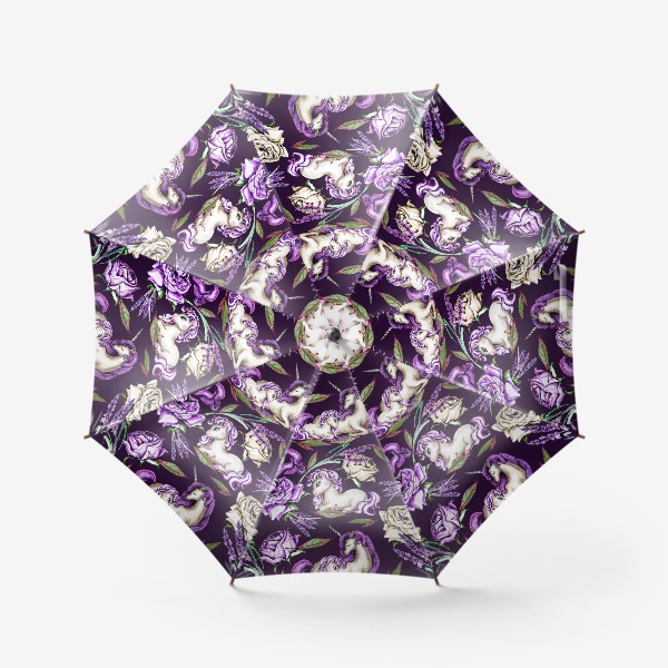 Зонт «Единороги среди роз и лаванды - темный дизайн»