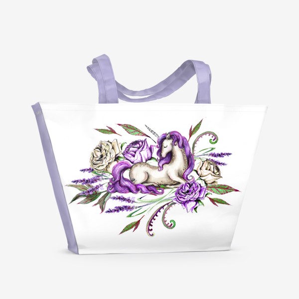 Пляжная сумка &laquo;Единорог среди цветов лаванды и роз&raquo;