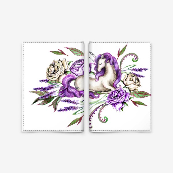 Обложка для паспорта «Единорог среди цветов лаванды и роз»