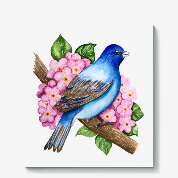 Холст &laquo;Синяя птица на ветке с цветами&raquo;