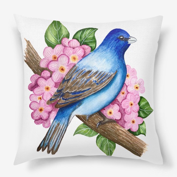 Подушка &laquo;Синяя птица на ветке с цветами&raquo;