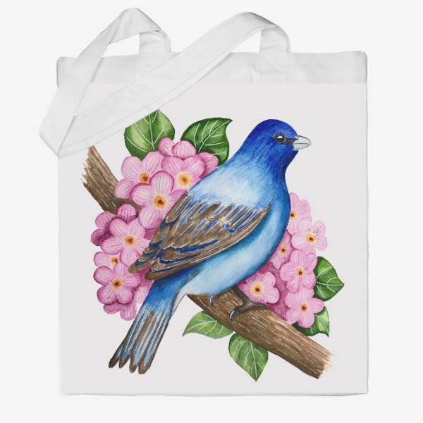 Сумка хб «Синяя птица на ветке с цветами»