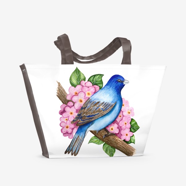 Пляжная сумка &laquo;Синяя птица на ветке с цветами&raquo;