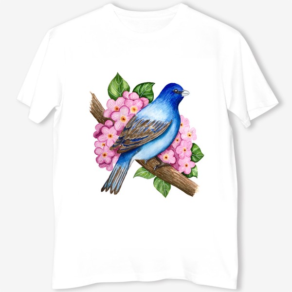 Футболка «Синяя птица на ветке с цветами»