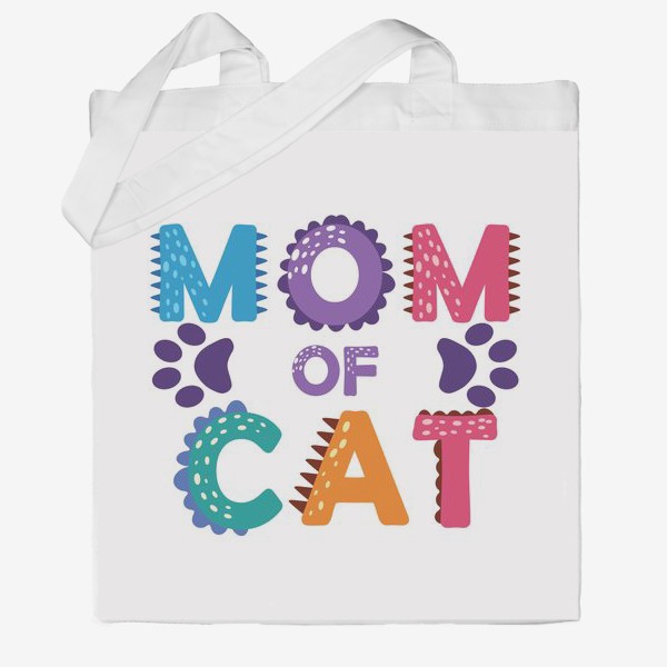 Сумка хб «"Мама котиков". Разноцветная надпись с отпечатками лап»