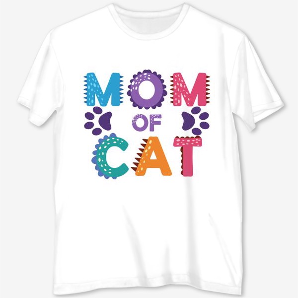 Футболка с полной запечаткой «"Мама котиков". Разноцветная надпись с отпечатками лап»