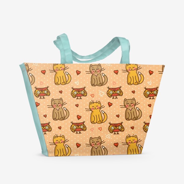 Пляжная сумка «мультяшный паттерн с котиками и совушками»