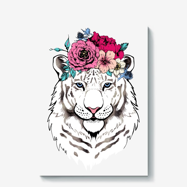 Холст &laquo;Белая тигрица в цветочном венке. Для неё&raquo;