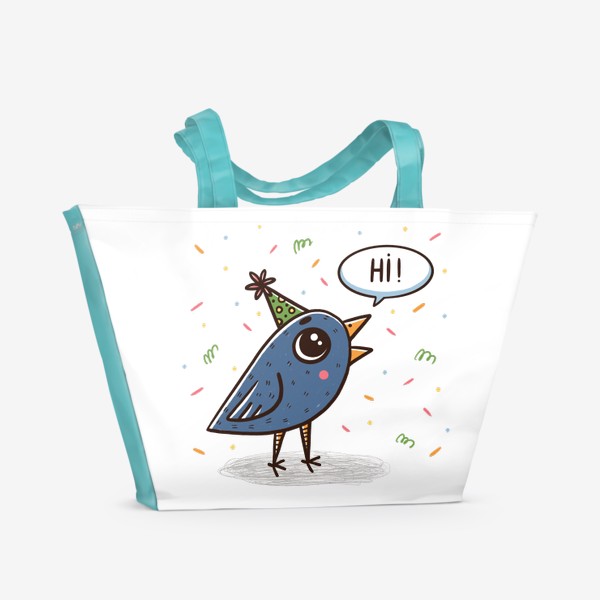 Пляжная сумка «Милая синяя птичка. Праздник. Привет»