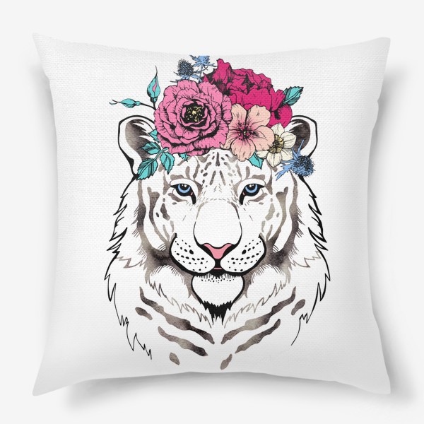 Подушка «Белая тигрица в цветочном венке. Для неё»