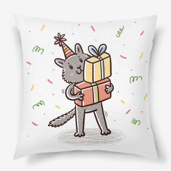 Подушка «Милый серый котик с подарками. Праздник»