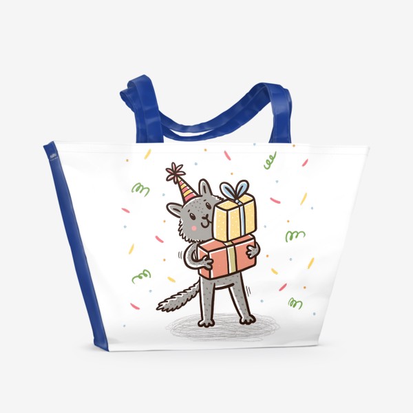 Пляжная сумка &laquo;Милый серый котик с подарками. Праздник&raquo;