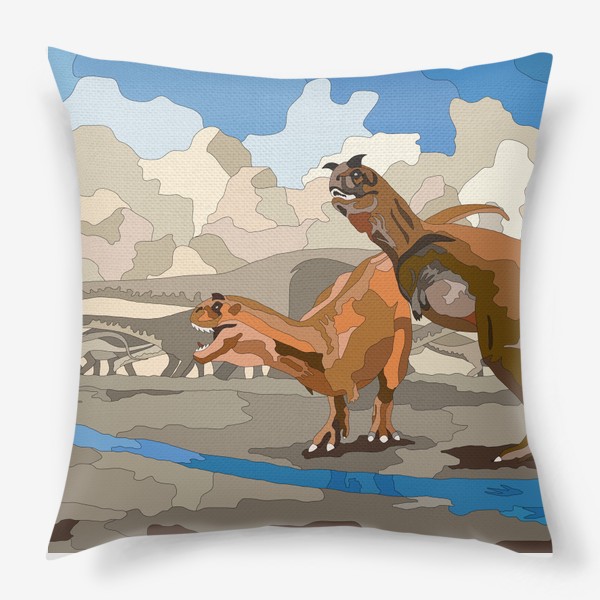 Подушка «Пара динозавров на охоте»