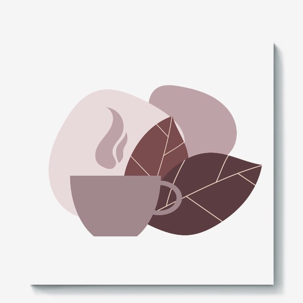 Холст «Чашка кофе и листья в коричневом и бежевом цвете»