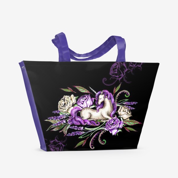 Пляжная сумка «Единорог среди цветов на черном фоне»