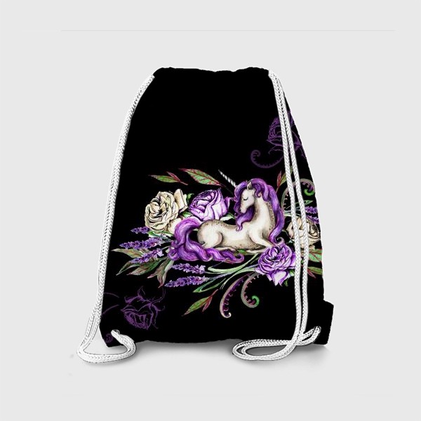 Рюкзак «Единорог среди цветов на черном фоне»