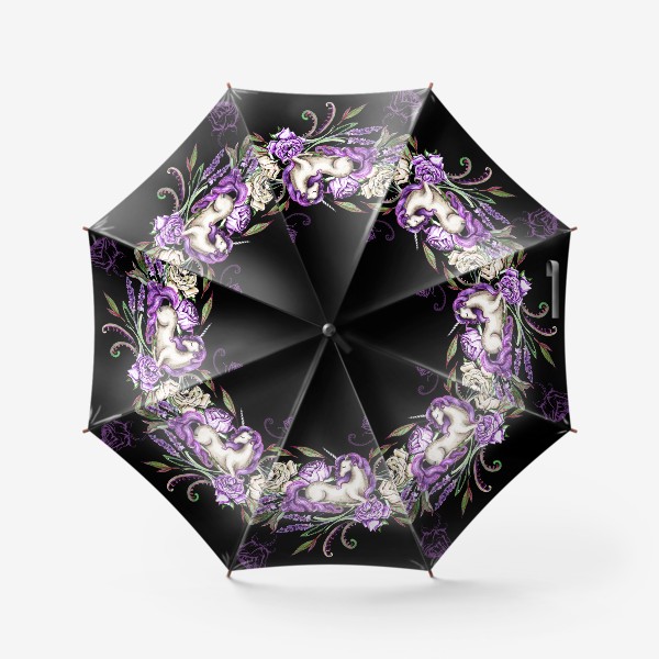Зонт «Единорог среди цветов на черном фоне»