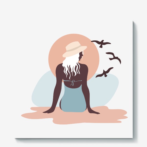 Холст &laquo;Девушка в купальнике на берегу моря, закат и чайки&raquo;