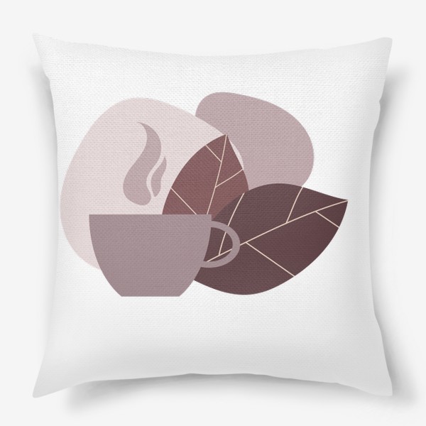 Подушка «Чашка кофе и листья в коричневом и бежевом цвете»