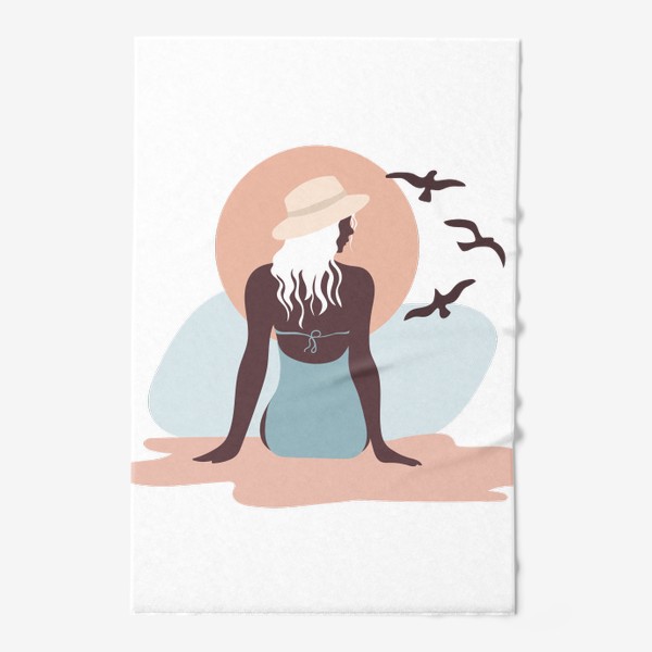 Полотенце «Девушка в купальнике на берегу моря, закат и чайки»