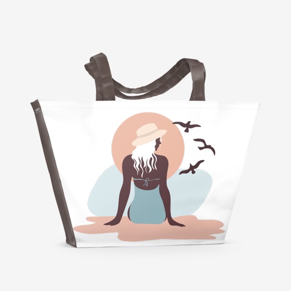 Пляжная сумка &laquo;Девушка в купальнике на берегу моря, закат и чайки&raquo;