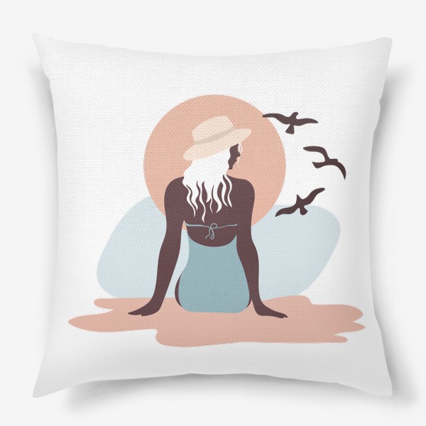 Подушка &laquo;Девушка в купальнике на берегу моря, закат и чайки&raquo;