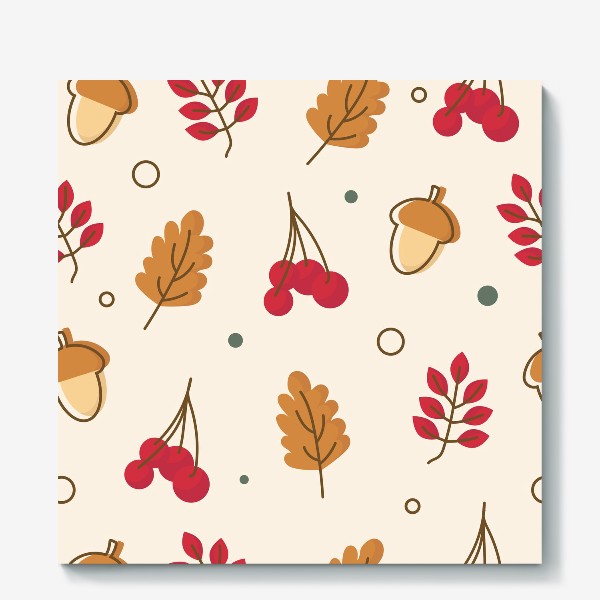 Холст «Осенний паттерн с желудем, рябиной и листьями»