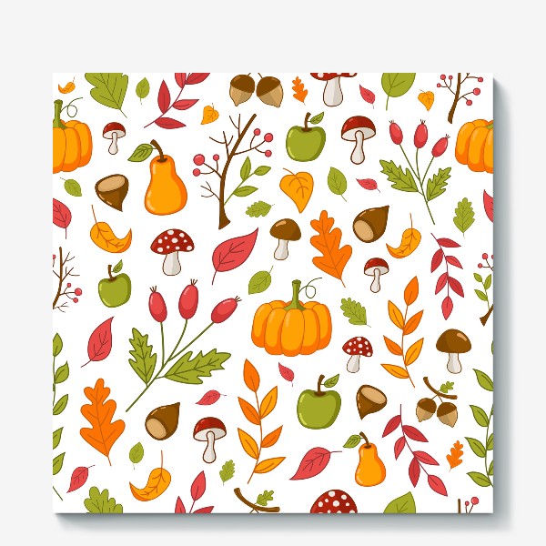 Холст «Осенний узор с тыквами, каштанами, желудями, рябиной и фруктами»