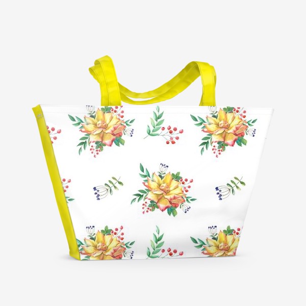 Пляжная сумка «Желтые розы с ягодами и листьями»