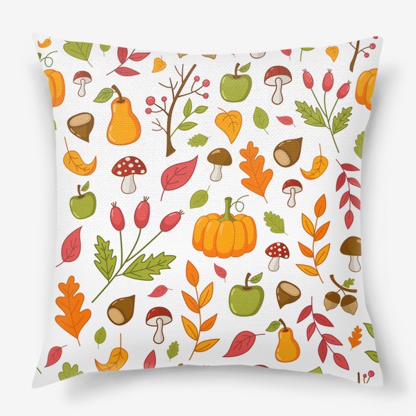 Подушка «Осенний узор с тыквами, каштанами, желудями, рябиной и фруктами»