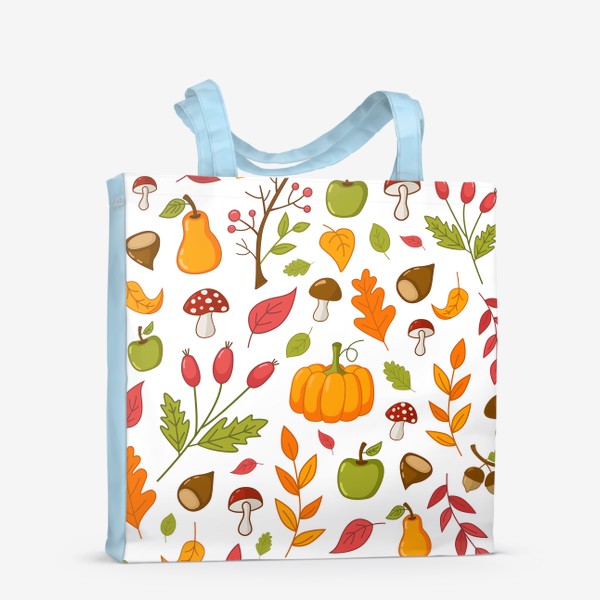Сумка-шоппер «Осенний узор с тыквами, каштанами, желудями, рябиной и фруктами»