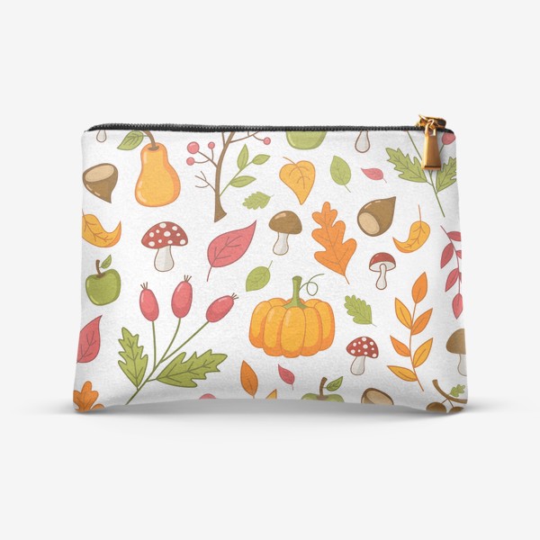 Косметичка &laquo;Осенний узор с тыквами, каштанами, желудями, рябиной и фруктами&raquo;
