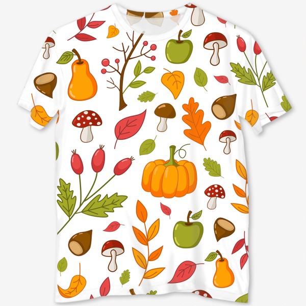 Футболка с полной запечаткой «Осенний узор с тыквами, каштанами, желудями, рябиной и фруктами»