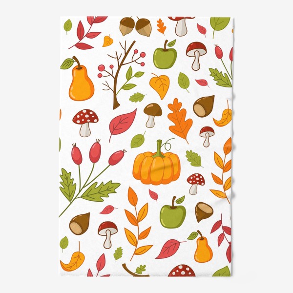 Полотенце «Осенний узор с тыквами, каштанами, желудями, рябиной и фруктами»