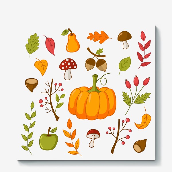 Холст «autumn set with pumpkins, apples, mountain ash, rosehip, mushrooms»