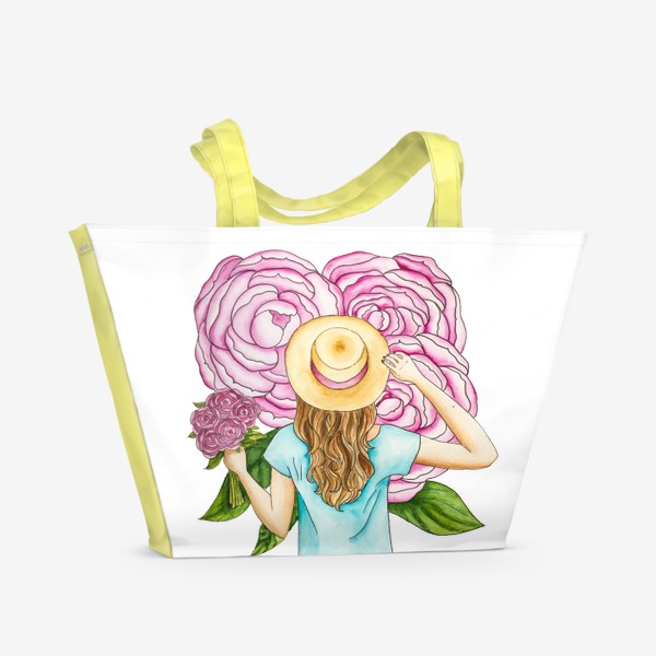 Пляжная сумка «Девушка и пионы»